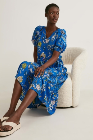 C&A A-line Floral Kleider Damen Blau | FWXJC-7342