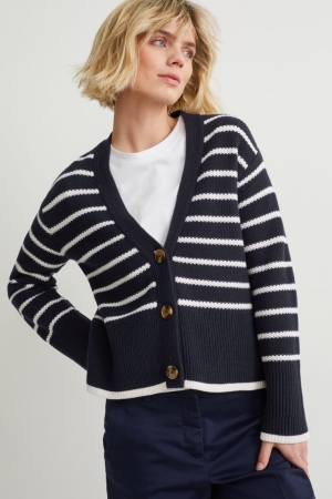 C&A Basic Gestreift Strickjacke Damen Blau Weiß | VNOLJ-4267