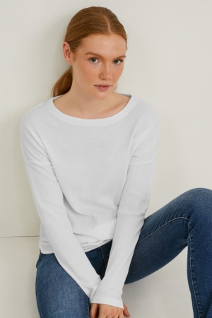 C&A Basic Long Sleeve Cradle To Cradle Certified® Gold T-shirts Damen Weiß | DNPZW-3024