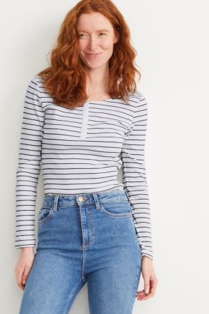 C&A Basic Long Sleeve Gestreift Oberteile Damen Weiß Blau | DMAWU-8490