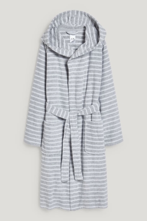 C&A Bathrobe With Hood Gestreift Bademode Mädchen Hellgrau | GTHCD-4215