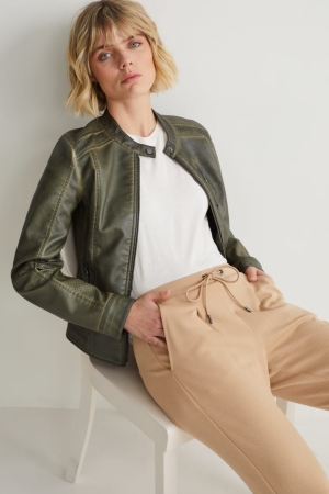C&A Biker Faux Leder Jacke Damen Grün | YXITF-3576