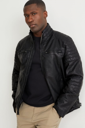 C&A Biker Faux Leder Jacke Herren Schwarz | YKATW-0241