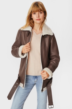 C&A Biker With Faux Fur Trim Gefütterte Faux Leder Jacke Damen Dunkelbraun | LCFNK-1378