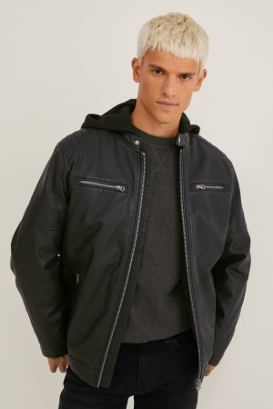 C&A Biker With Hood Faux Leder Jacke Herren Schwarz | LNHFC-0763