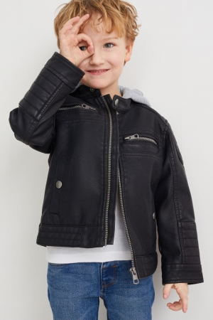 C&A Biker With Hood Faux Leder Jacke Mädchen Schwarz | IVHGR-3650