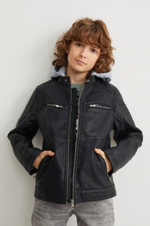 C&A Biker With Hood Faux Leder Jacke Mädchen Schwarz | NMRIP-4086