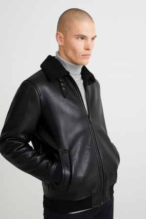C&A Bomber Faux Leder Jacke Herren Schwarz | WMQUN-6075