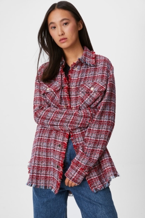 C&A Bouclé Shacket Check Jacke Damen Rot | SBKUD-0841