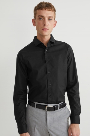C&A Business Body Fit Cutaway Collar Flex Organic Baumwoll Hemd Herren Schwarz | MPCGY-8271