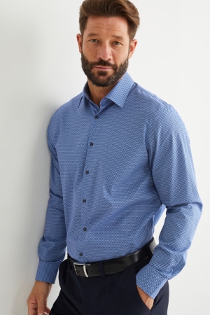 C&A Business Regular Fit Kent Collar Easy-iron Patterned Hemd Herren Dunkelblau | JCEBK-3674