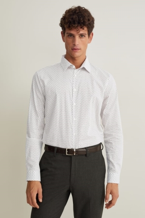 C&A Business Regular Fit Kent Collar Easy-iron Hemd Herren Weiß Beige | OANLM-2970