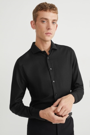 C&A Business Slim Fit Cutaway Collar Easy-iron Hemd Herren Schwarz | FLWVU-5023