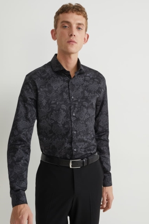 C&A Business Slim Fit Cutaway Collar Easy-iron Patterned Hemd Herren Schwarz | GKPFY-3204