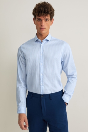 C&A Business Slim Fit Cutaway Collar Easy-iron Gestreift Hemd Herren Blau Weiß | HDWTA-0895
