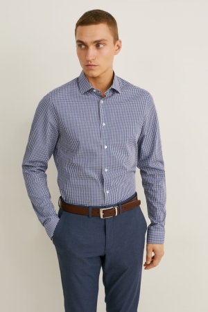 C&A Business Slim Fit Cutaway Collar Easy-iron Check Hemd Herren Dunkelblau Weiß | WOIJQ-0263