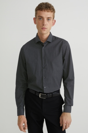 C&A Business Slim Fit Cutaway Collar Easy-iron Patterned Hemd Herren Schwarz | ZEXJR-5069