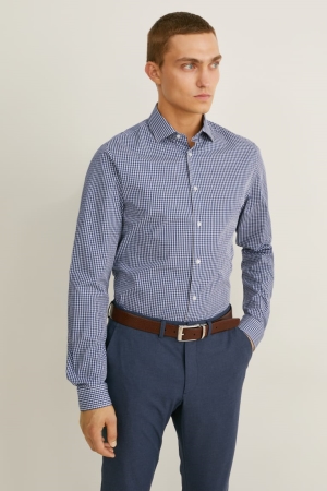 C&A Business Slim Fit Extra-long Sleeve s Easy-iron Hemd Herren Dunkelblau Weiß | MHWKB-4917