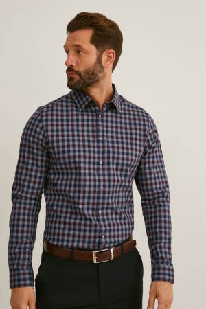 C&A Business Slim Fit Kent Collar Check Hemd Herren Grau Dunkelrot | AEIJU-4690