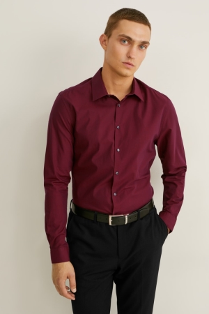 C&A Business Slim Fit Kent Collar Easy-iron Hemd Herren Bordeaux | DCTFP-5386
