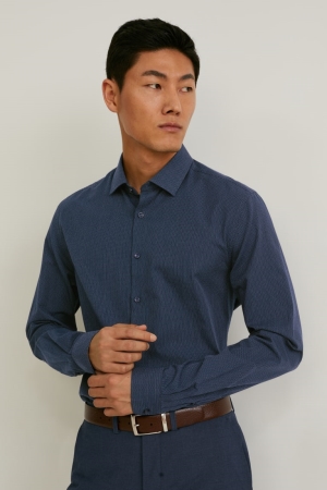 C&A Business Slim Fit Kent Collar Easy-iron Hemd Herren Dunkelblau | QWEPL-8917