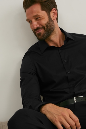 C&A Business Slim Fit Kent Collar Easy-iron Hemd Herren Schwarz | VOGLX-1436