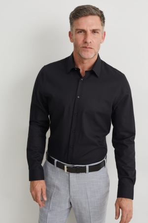 C&A Business Slim Fit Kent Collar Easy-iron Hemd Herren Schwarz | YEWDI-1965
