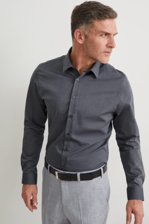 C&A Business Slim Fit Kent Collar Easy-iron Hemd Herren Grau | ZBLRK-0519