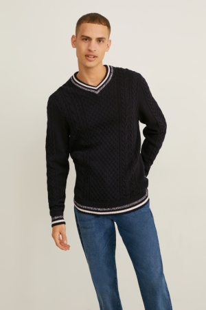 C&A Cable Knit Pattern Jumper Herren Dunkelblau | SFEHG-9370