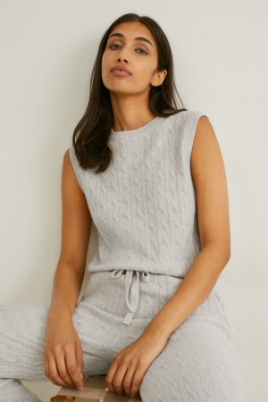 C&A Cashmere Slipover Cable Knit Pattern Hoodie Damen Weiß | CNQLH-1027