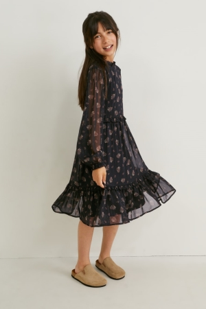 C&A Chiffon Patterned Kleider Mädchen Schwarz | DPRKB-8501