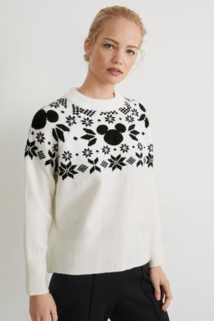 C&A Christmas Recycled Mickey Mouse Jumper Damen Weiß | QDAFU-5401