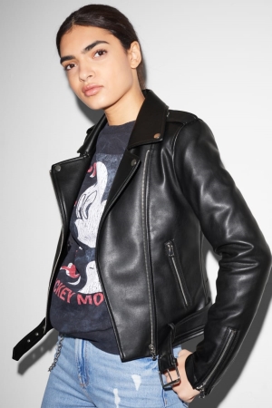C&A Clockhouse Biker Faux Leder Jacke Damen Schwarz | BDQEM-6057