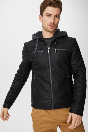 C&A Clockhouse Biker With Hood Faux Leder Jacke Herren Schwarz | PAWQV-9053