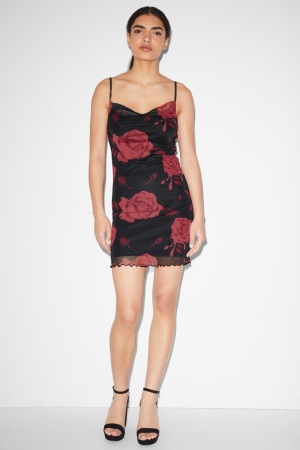C&A Clockhouse Bodycon Floral Kleider Damen Schwarz | NESBW-5274