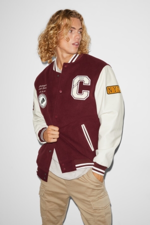 C&A Clockhouse Bomber Jacke Herren Bordeaux Weiß | TNZCX-6583