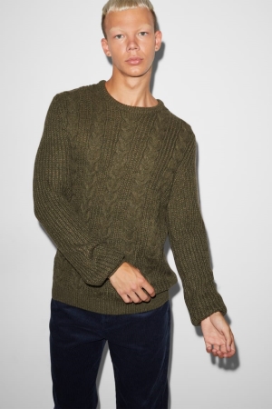 C&A Clockhouse Cable Knit Pattern Jumper Herren Dunkelgrün | BJYUK-4210