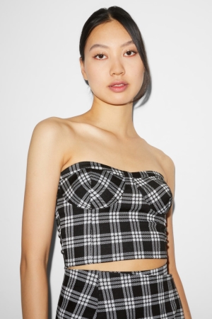C&A Clockhouse Corsage Check T-shirts Damen Schwarz Weiß | DHJXQ-4369