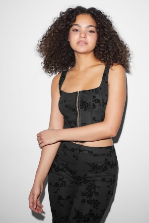 C&A Clockhouse Cropped Floral Oberteile Damen Schwarz | NFLRI-5462
