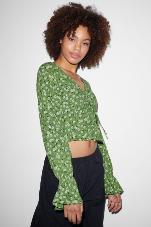 C&A Clockhouse Cropped Lenzing™ Ecovero™ Floral Bluse Damen Hellgrün | QBESZ-4028