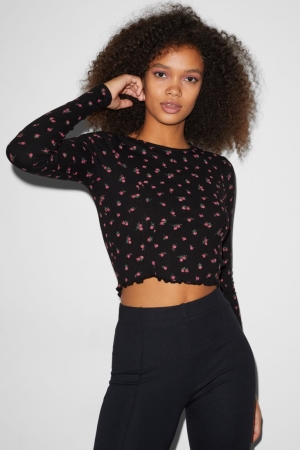 C&A Clockhouse Cropped Long Sleeve Floral Oberteile Damen Schwarz | WTCQA-0564