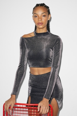 C&A Clockhouse Cropped Long Sleeve Shiny Oberteile Damen Schwarz | UKBJG-4923