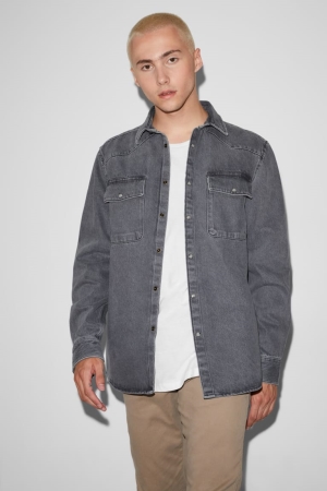 C&A Clockhouse Denim Kent Collar Hemd Herren Tiefesgrau | IKSHV-0139