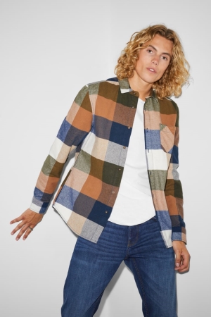 C&A Clockhouse Flannel Regular Fit Kent Collar Check Hemd Herren Braun Blau | WKAGV-3916