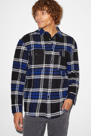 C&A Clockhouse Flannel Relaxed Fit Kent Collar Check Hemd Herren Blau Schwarz | BWLOX-6547