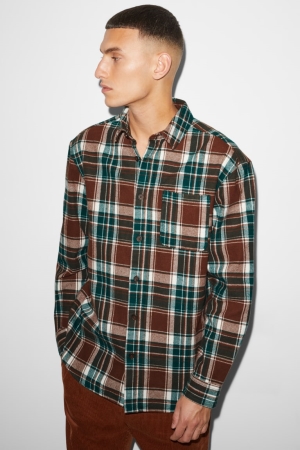 C&A Clockhouse Flannel Relaxed Fit Kent Collar Check Hemd Herren Braun Dunkelgrün | KAQEP-5046