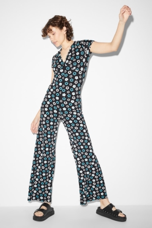 C&A Clockhouse Floral Overall Damen Schwarz | QJIFE-7918
