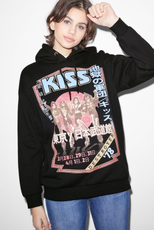C&A Clockhouse Kiss Hoodie Damen Schwarz | GTJAD-4098