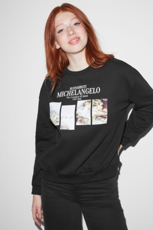 C&A Clockhouse Michelangelo The Creation Of Adam Sweatshirts Damen Schwarz | UDMKZ-6214