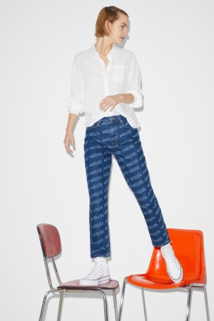 C&A Clockhouse Mom High Taille Micky Maus Jeans Damen Blau | JVQCS-5186